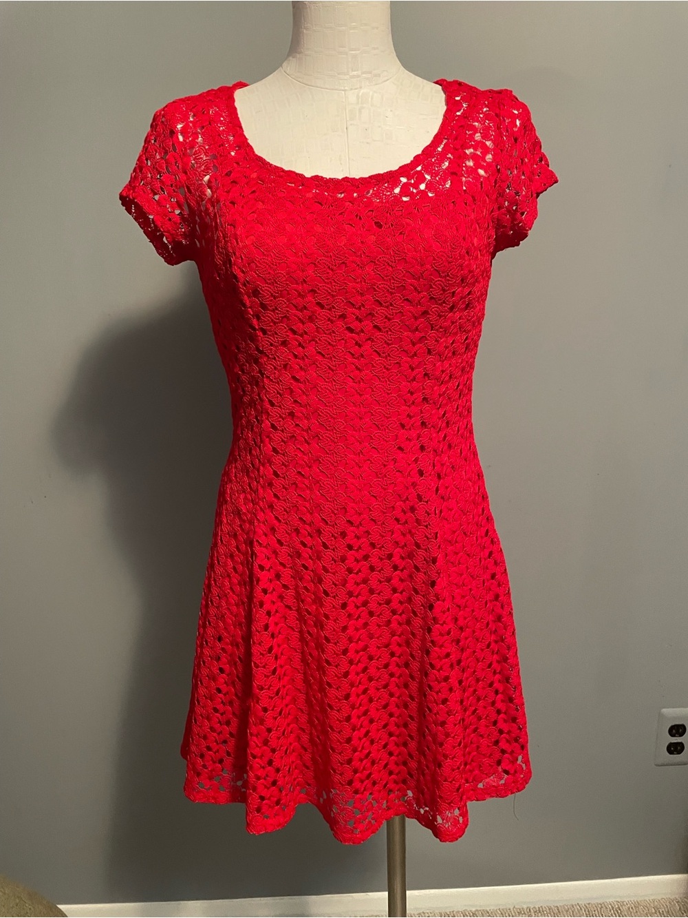 Speechless Red Crochet Scoop Neck Short Sleeve Dress